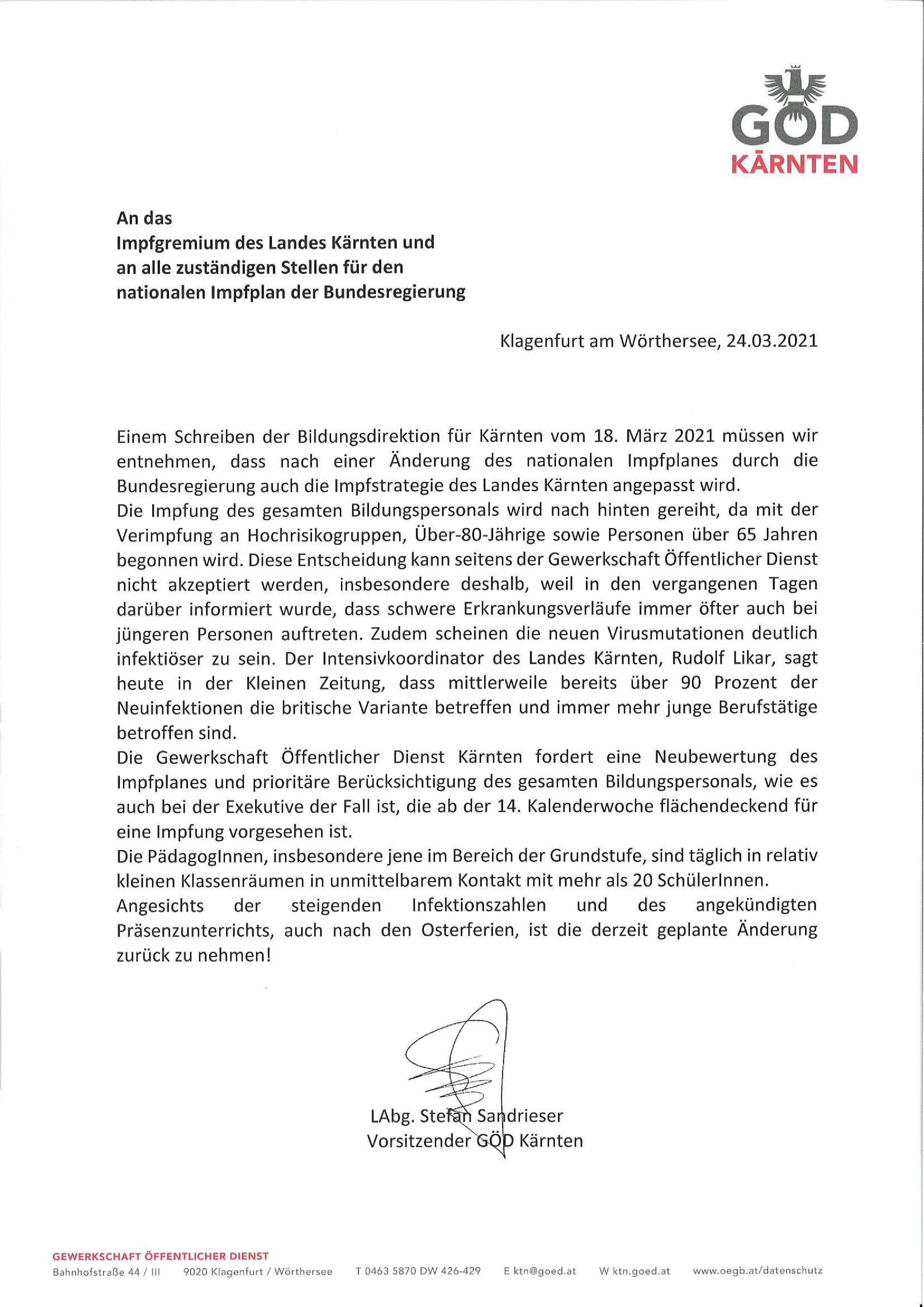 GÖD Kärnten kritisiert Änderungen des Impfplanes für das pädagogische Personal